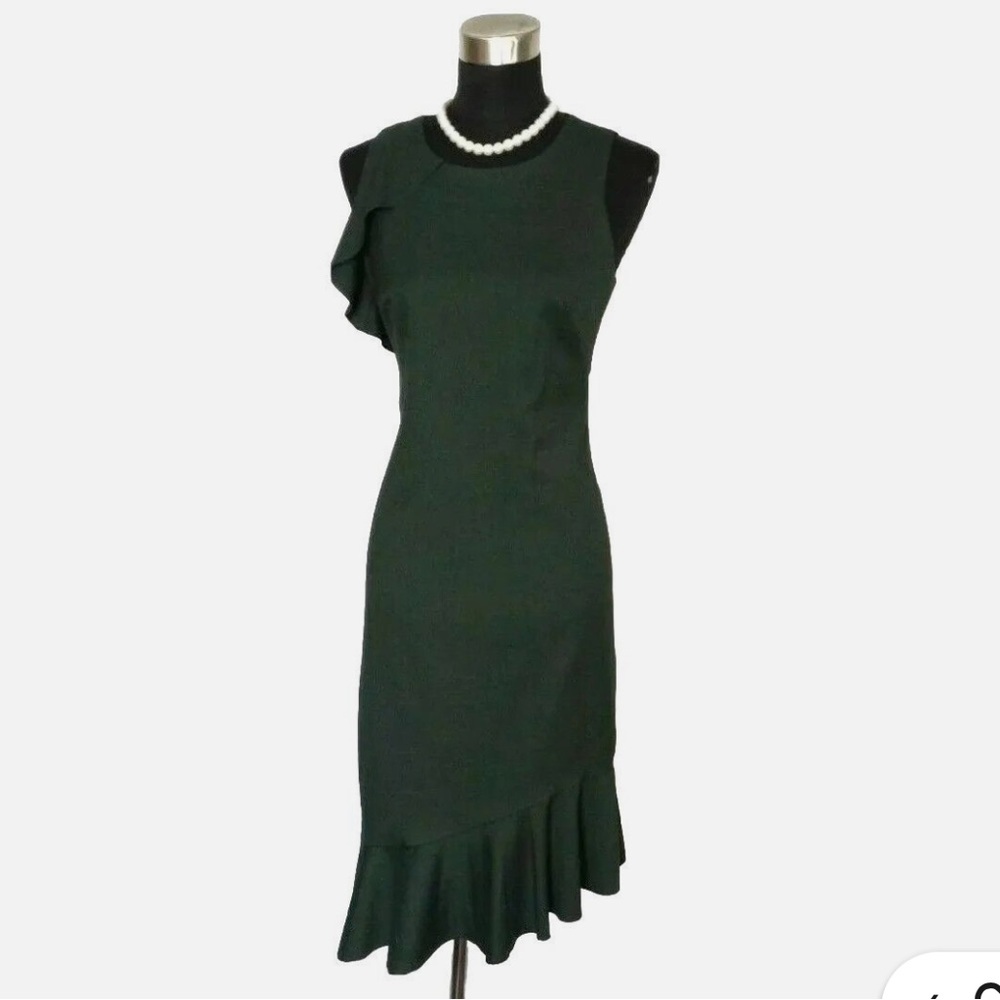 Banana Republic Hunter Green Asymmetric Ruffle Hem Flutter Sleeve Sheath Dres 10